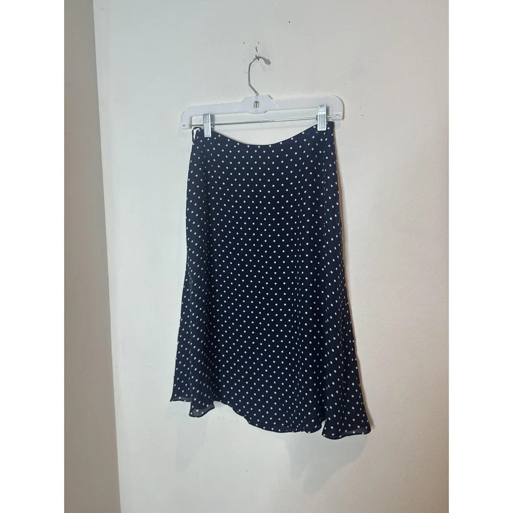 Lauren Ralph Lauren Skirt Womens 4P Petite Blue Polka Dot Silk A Line Midi Lined